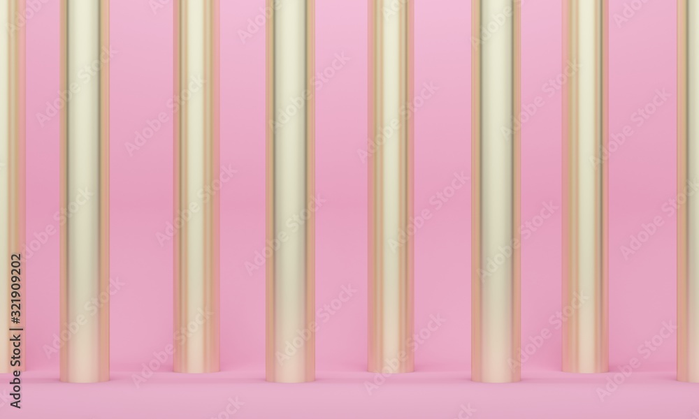 Poster pink abstract background with golden columns. backdrop design for product promotion. 3d rendering