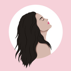  Beautiful young woman in profile, head tilted back, with closed eyes. Fashion illustration. Enjoyment. Vector EPS 10.