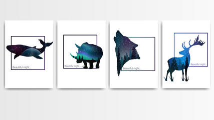 Collection of covers for your creativity isolated on a white background. White posters with a silhouette of a whale, a rhinoceros, a wolf's head and a deer, inside which a night starry landscape
