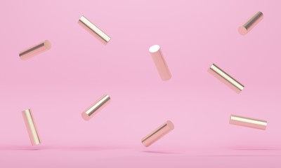 Pink abstract background with golden flying cylinders. Backdrop design for product promotion. 3d rendering