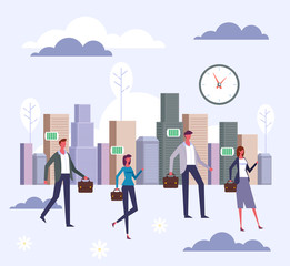 People characters office workers go to work. Vector flat graphic design cartoon illustration