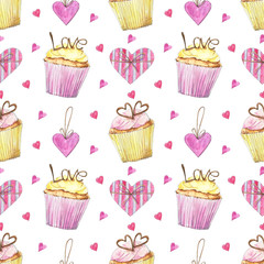 Love seamless pattern with cupcakes and hearts hand drawn in watercolor. Perfect for St. Valentine's day, Birthday, wedding cards, gift wrapping paper, background, wallpaper, textile design.