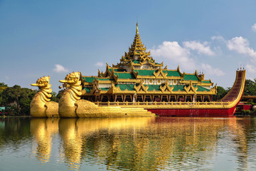 Floating Golden Temple, Karaweik on Kandawgyi Lake in Yangon, Myanmar, Burma