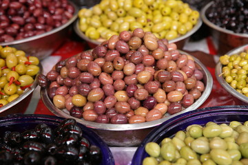 olives in the market. Food banner, pattern, background