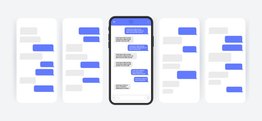 Social media design concept. Smart Phone with carousel style messenger chat screen. Sms template bubbles for compose dialogues. Modern vector illustration flat style
