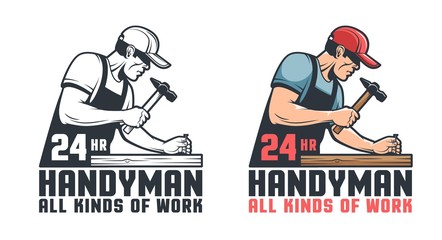 Handyman retro logo. Worker hammering nail - repair service vintage emblem.Vector illustration.