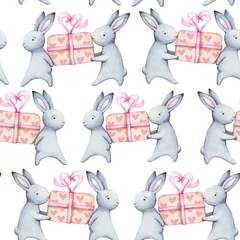  Leuke illustratie voor wenskaart of een ontwerp voor Valentijnsdag. Mooie waterverfillustratie van konijntje in liefde, naadloos patroon. Lief konijnen cadeau. Wenskaart voor bruiloft, verjaardag. © Tatiana 