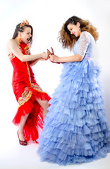 Two women having argue fight being mad at each other. Two sisters fight because of competition at...