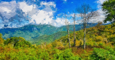 Impressionistic Style Artwork of Autumn in the Appalachian Mountains Viewed Along the Blue Ridge Parkway