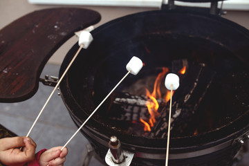 Children's hands hold sticks with marshmallows over an open fire.