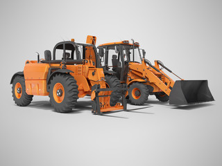 Obraz na płótnie Canvas 3D rendering construction equipment multifunctional tractor and telescopic excavator on gray background with shadow