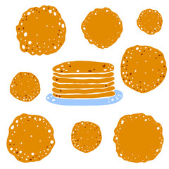 Vector set of drawn pancakes for Shrovetide celebration. Hand-drawn treat for the spring holiday. Pancakes in a plate. Suitable for the design of posters, cards, design.
