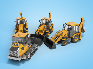 3D rendering of construction technician crawler excavator and three excavator loader for work on blue background with shadow