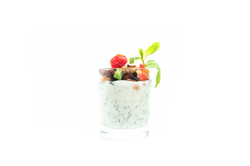 Chia pudding and dried fruits. Yogurt and chia seeds. A healthy cocktail with dried fruits.