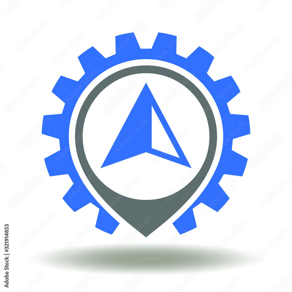 Aufkleber navigation system logo. location map pointer gear icon vector. road navigator travel symbol.