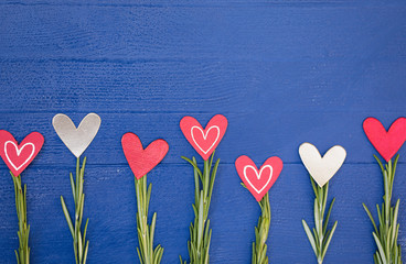 Valentine Decoration with Copy Space Phantom Blue Wooden Background. Valentine`s Day Card.  