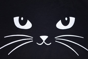 Total Black Whiskered Cat Cute Face Doodle Macro Portrait Poster with Mysterious Mischievous Smile. Black and White Stylish Close-up Character. Elegant Image Magic Gorgeous Animal.