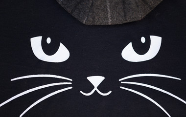 Image of Fashionable Black Cat Wears Modern Gray Hat, Macro Portrait. Cute Doodle Animal Face...