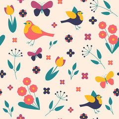 Seamless pattern seasons spring birds, flowers and leaves