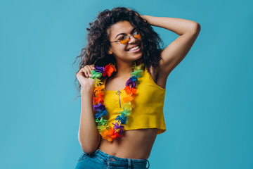 African american woman isolated on blue background.