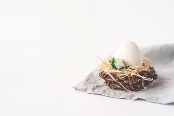 Light Easter background with an egg in the nest. Copy space for your text.