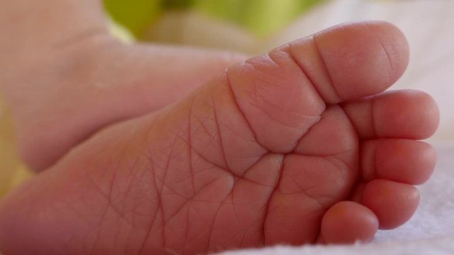 Close up footage of a newborn babys feet while sleeping