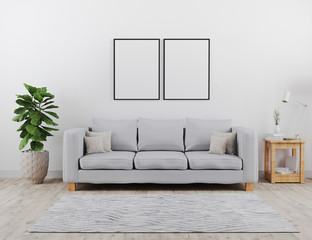 Two Vertical black poster frames mock up. Modern living room with grey sofa mockup. scandinavian style, cozy and stylish interior background. 3d rendering