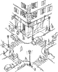 hand drawn architectural sketch of city crossroads with cars and people walking on pavement