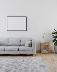 Horizontal picture frame mockup in modern and minimalist interior of living room with sofa, white wall and wooden floor with grey carpet, modern interior background, scandinavian style, 3d rendering