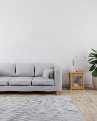 Modern and minimalist interior of living room with sofa mockup, white wall and wooden floor with grey carpet, modern interior background, scandinavian style, living room,  3d rendering