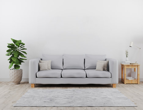 Modern living room with grey sofa mockup. scandinavian style, cozy and stylish interior background, living room, 3d rendering