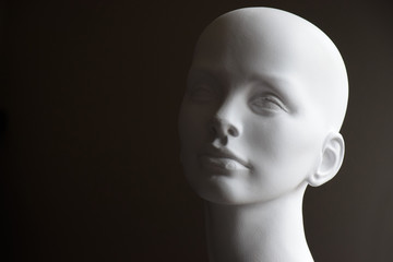 White mannequin head with neutral face expression and dark background