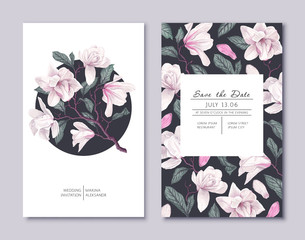 Botanical wedding invitation card. Template design with white magnolia flowers. Spring flowers, branches, petals and leaves. Vector, realistic style, high detail. Collection of Save the Date and RSVP 