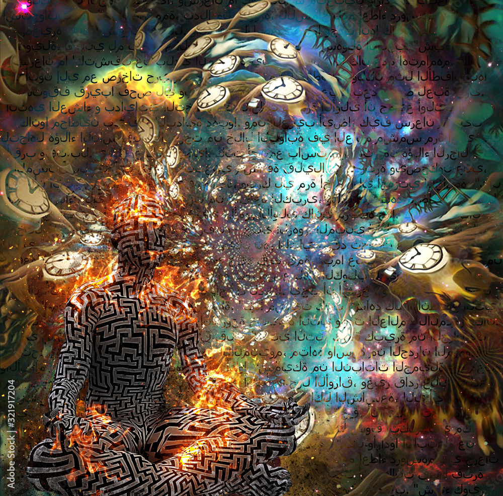 Poster figure of man with maze pattern meditates in lotus pose. winged clocks represents flow of time