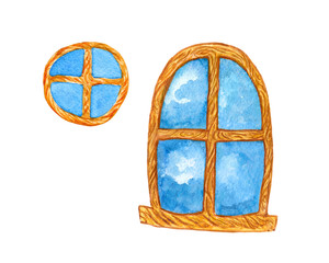 watercolor illustration of a wooden window