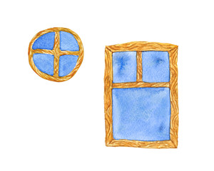 watercolor illustration of a wooden window