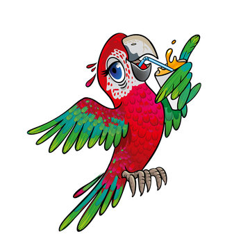 Cartoon parrot wild animal bird. The parrot drinks a fruit juice.