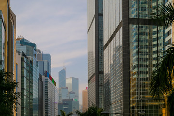 Modern architecture of the skyscrapers in the Hong Kong skyline during the day