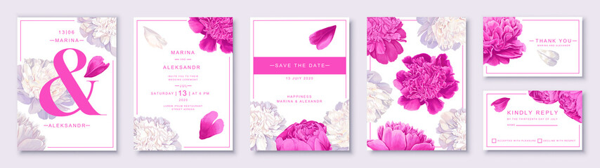 Botanical wedding invitation card. Template design with peonies  flowers and petals. Modern, realistic style, hand drawn illustration. Collection of Save the Date and RSVP in vector EPS format.