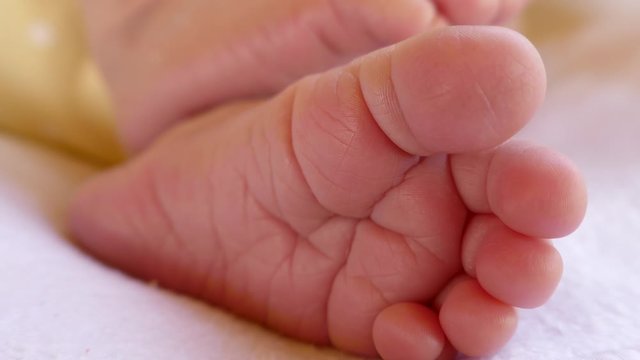 Footage of a newborn baby feet while sleeping, the shot is approaching to the babys feet