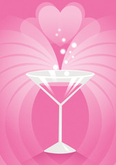 Pink cocktail glass and drink with hearts and Valentines celebration effects