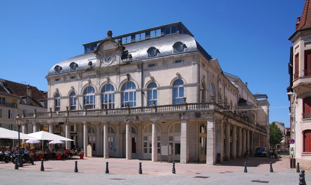 Historical Theater and city square with café in Lons-le-Saunier town, France