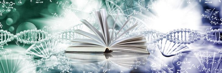image of open book on  DNA genetic chain background