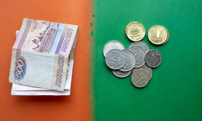 Russian banknotes and coins rubles. Background made of money.