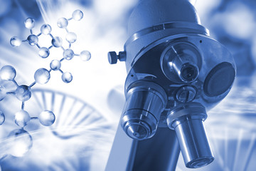 Microscope  on the background of a stylized image of a DNA chain. 3d illustration