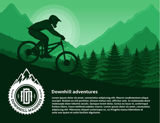Vector mountain biking illustration with a cyclist, mountains and trees