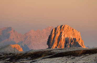 Fototapeta premium Sunset view of Cima Ambrizzola and Croda da Lago, Dolomites mountains, Italy, Europe