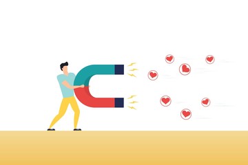 WebBusinessman attracting likes signs with a huge magnet. Social media marketing concept. Modern vector illustration.