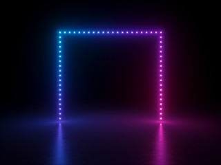 Obraz premium 3d render, abstract neon geometric background, pink blue glowing square frame illuminated with dot lights, reflection on the floor. Modern empty performance stage, minimal design