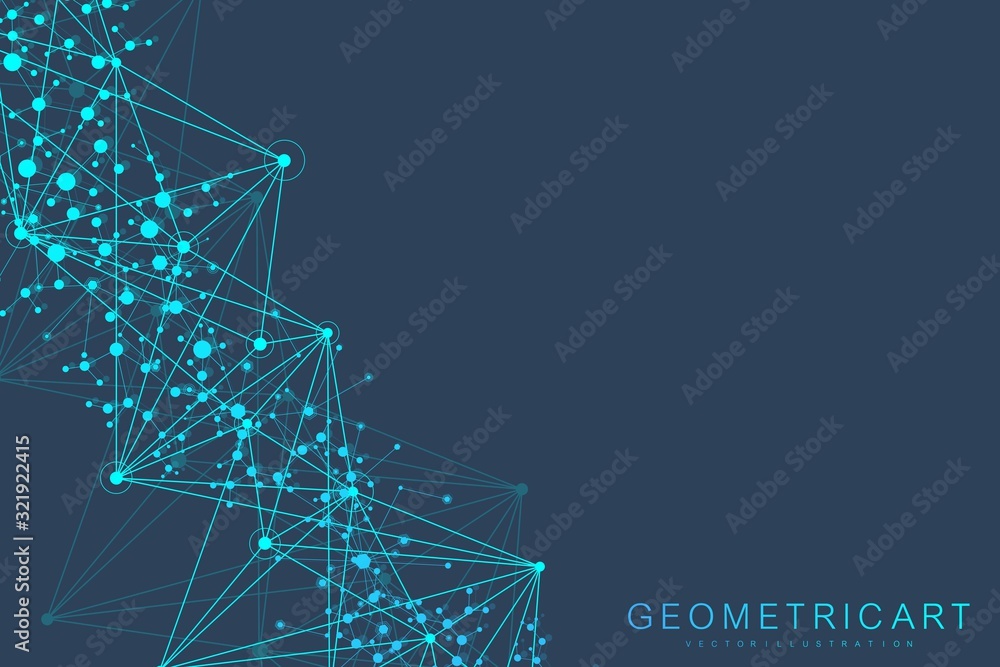 Poster geometric abstract background with connected line and dots. structure molecule and communication. bi